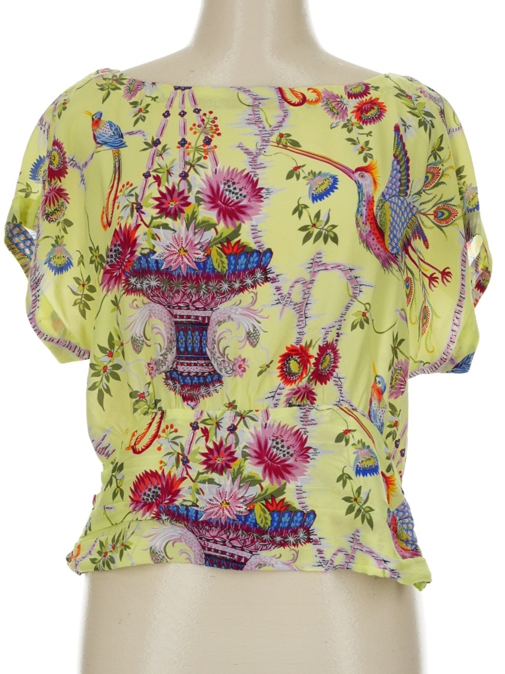 Anthropologie Yellow Floral & Hummingbird 100% Silk Top